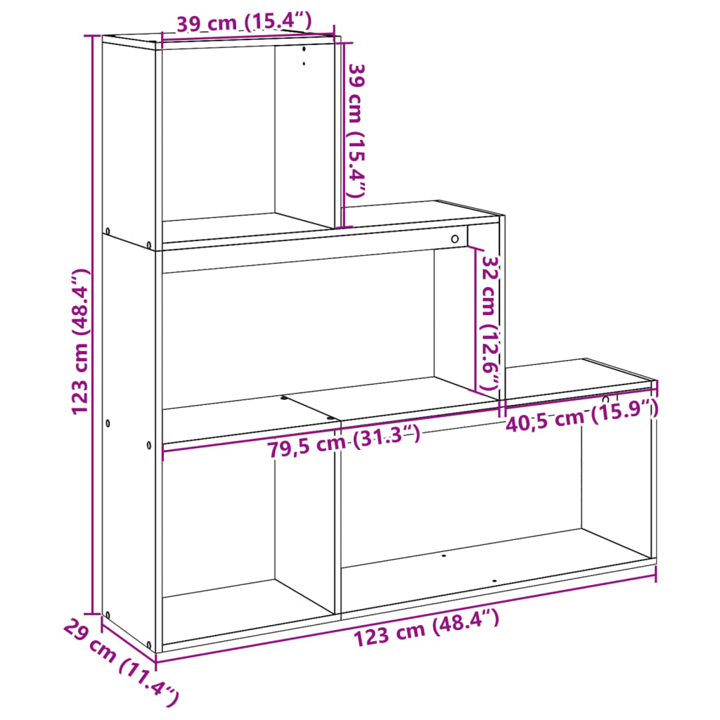 Romdeler bokhylle 3 lag sonoma eik 123x29x123 cm konstruert tre