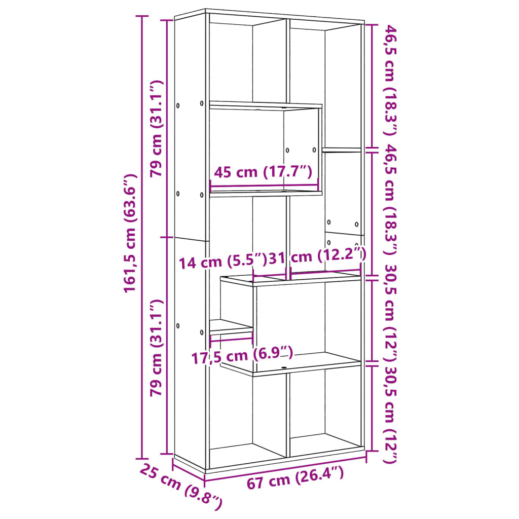 Romdeler bokhylle røkt eik 67x25x161,5 cm konstruert tre