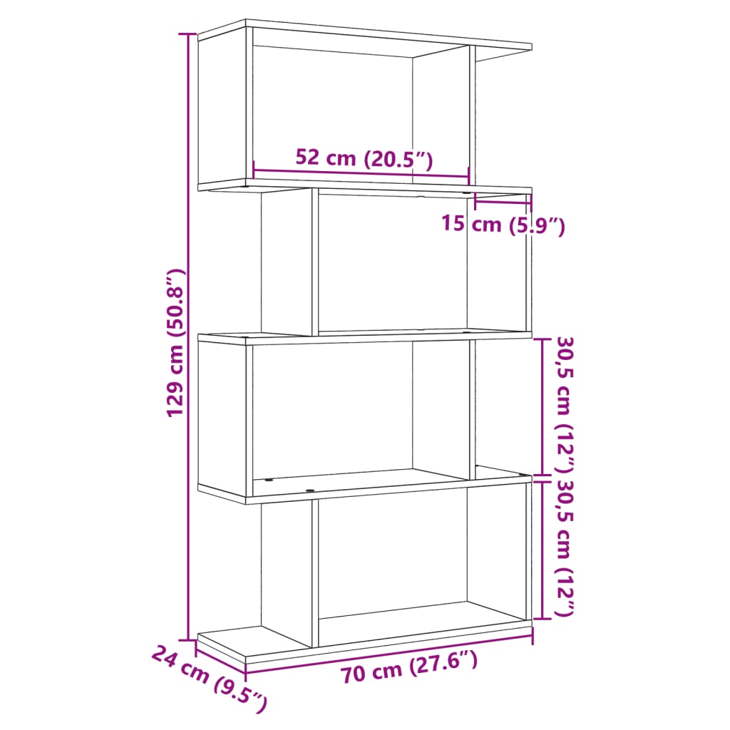 Romdeler bokhylle 4 lag sonoma eik 70x24x129 cm konstruert tre