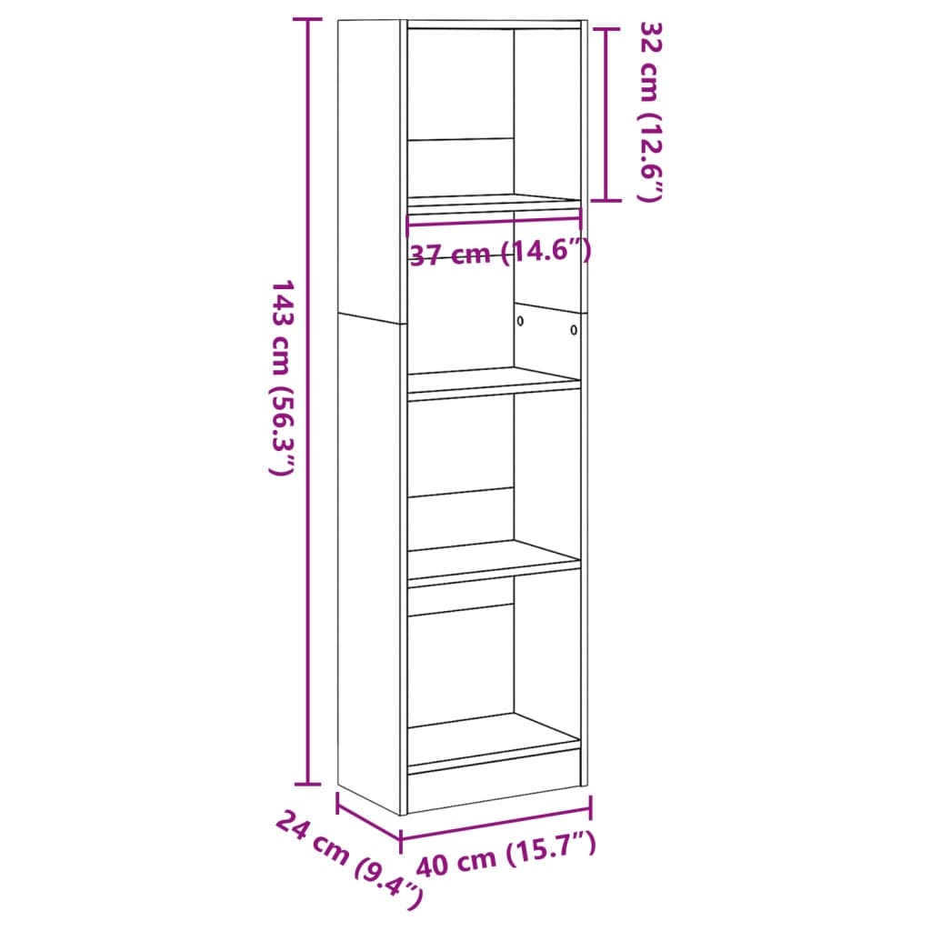 Bokhylle hvit 40x24x143 cm konstruert tre