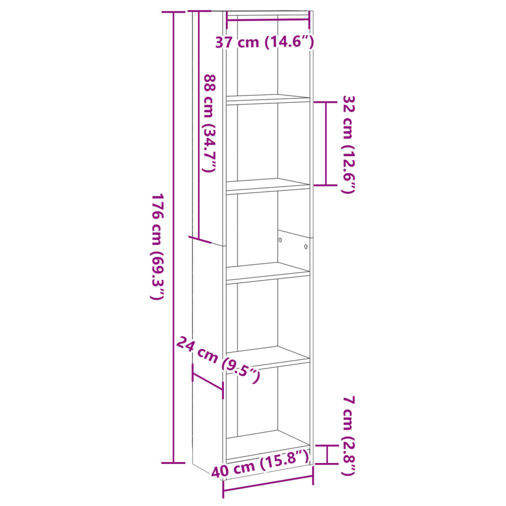 Bokhylle hvit 40x24x176 cm konstruert tre
