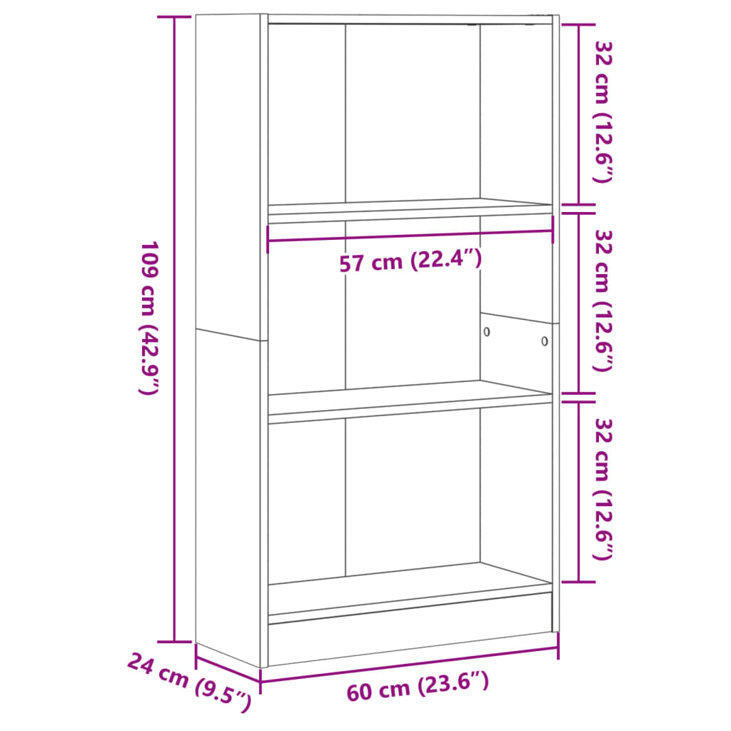 Bokhylle hvit 60x24x109 cm konstruert tre