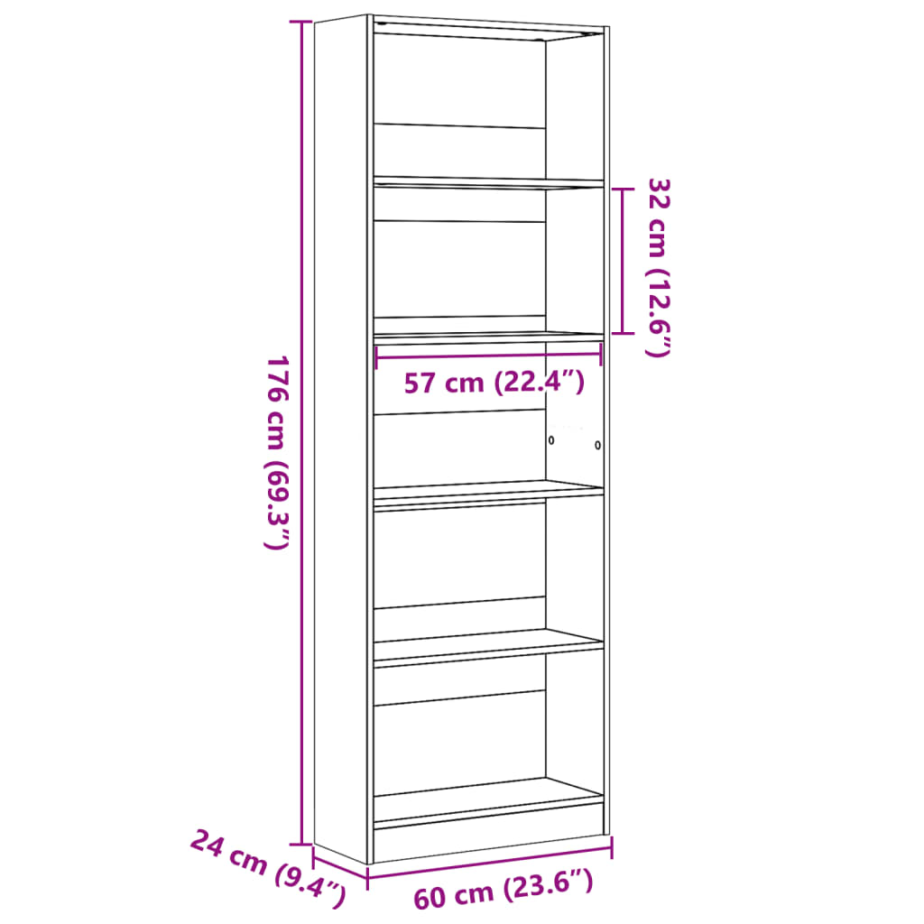Bokhylle hvit 60x24x176 cm konstruert tre