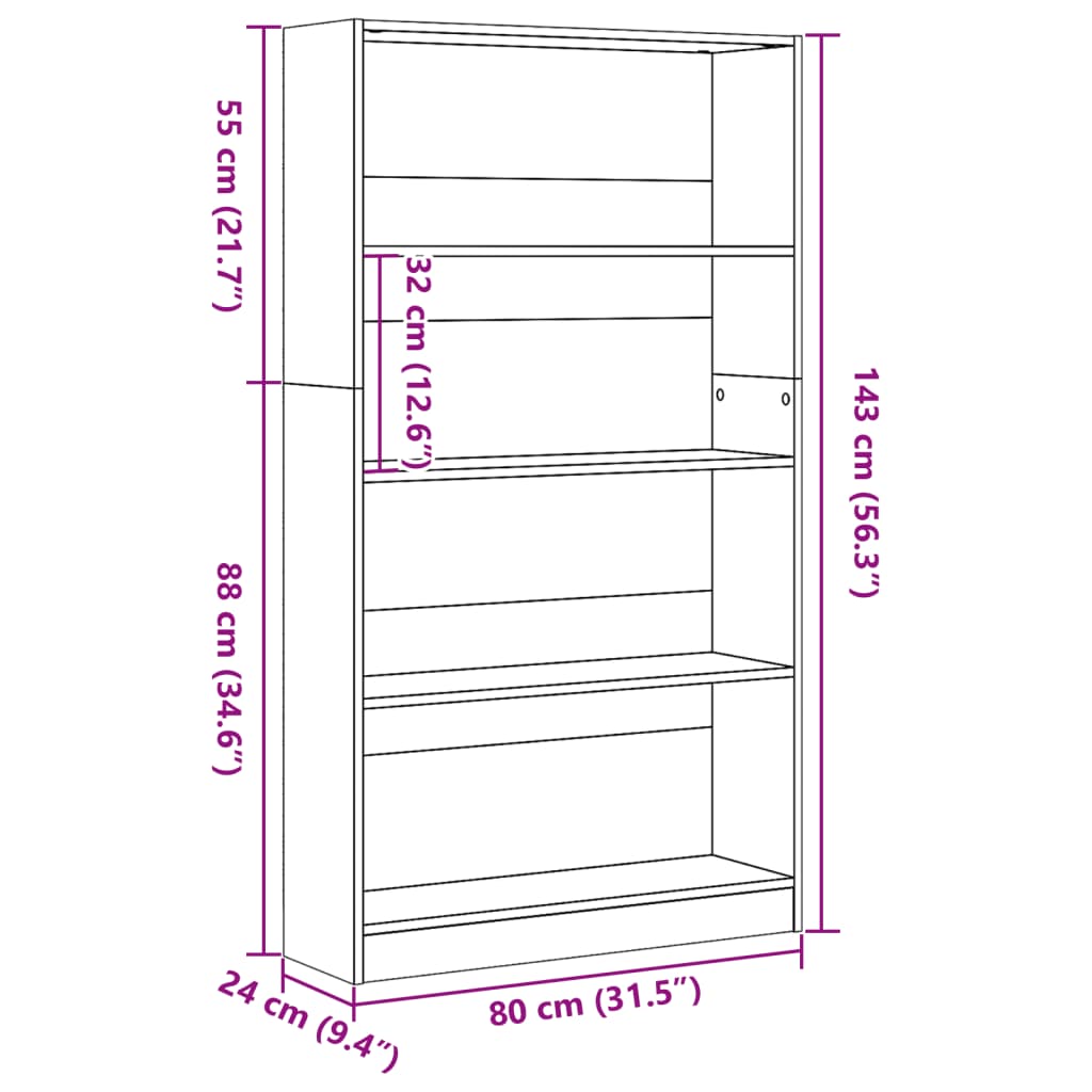 Bokhylle gammelt tre 80x24x143 cm konstruert tre