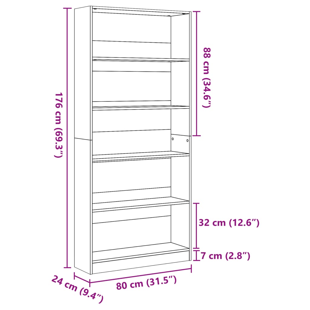 Bokhylle sonoma eik 80x24x176 cm konstruert tre