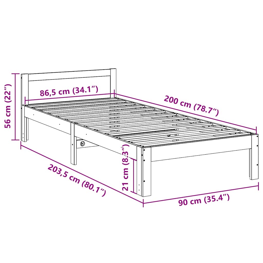 Sengeramme uten madrass hvit 90x200 cm heltre furu
