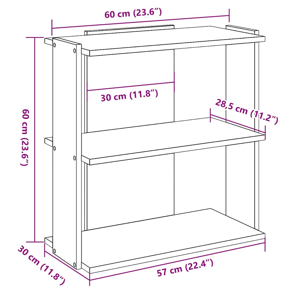 Bokhylle 3 etasjer gammelt tre 60x30x60 cm konstruert tre