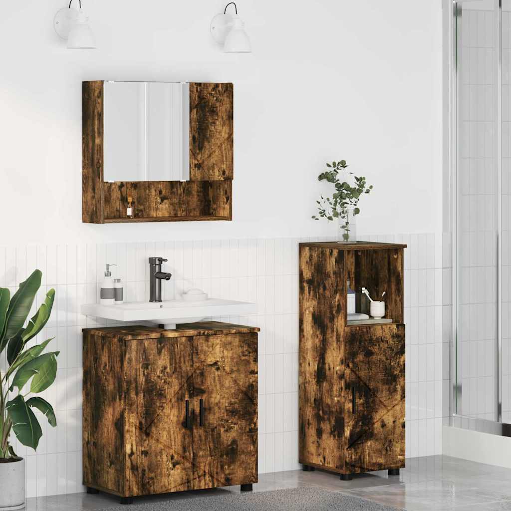 Baderomsinnredningssett med dør 3 pcs Røkt eik 61 x 35 x 64 cm