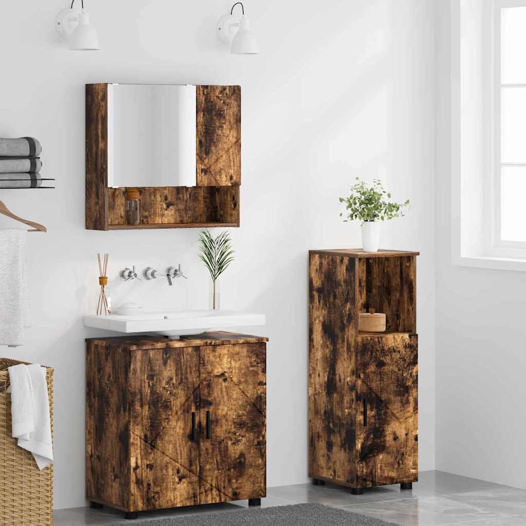 Baderomsinnredningssett med dør 3 pcs Røkt eik 61 x 35 x 64 cm