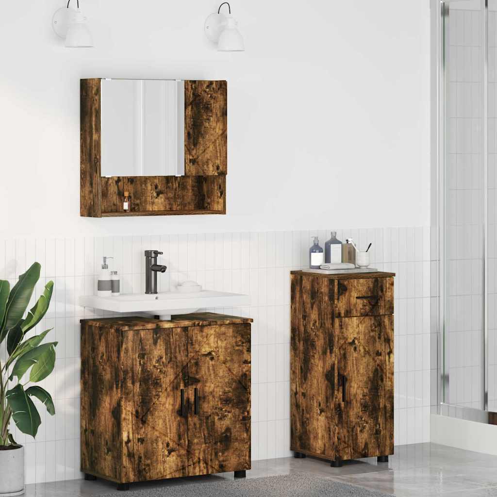 Baderomsinnredningssett med dør 3 pcs Røkt eik 61 x 35 x 64 cm