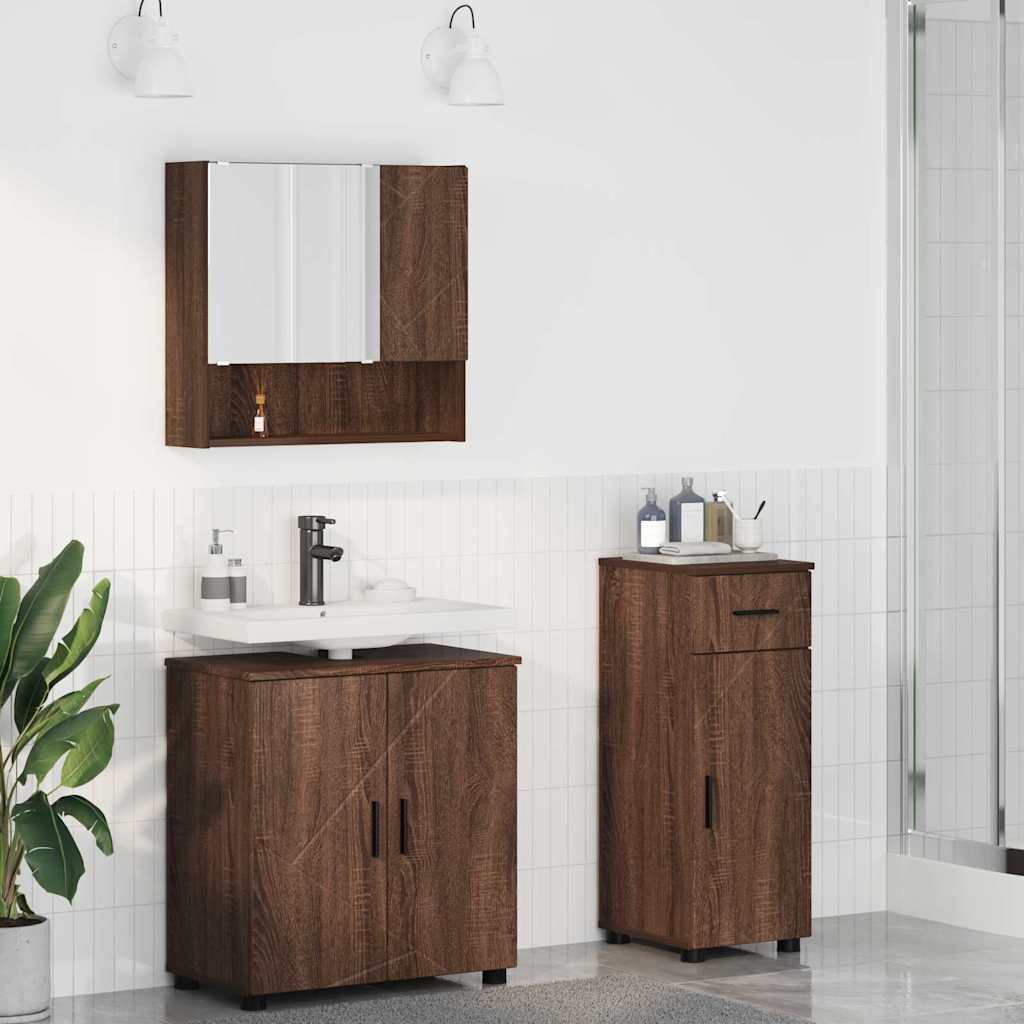 Baderomsinnredningssett med dør 3 pcs brun eik 61 x 35 x 64 cm