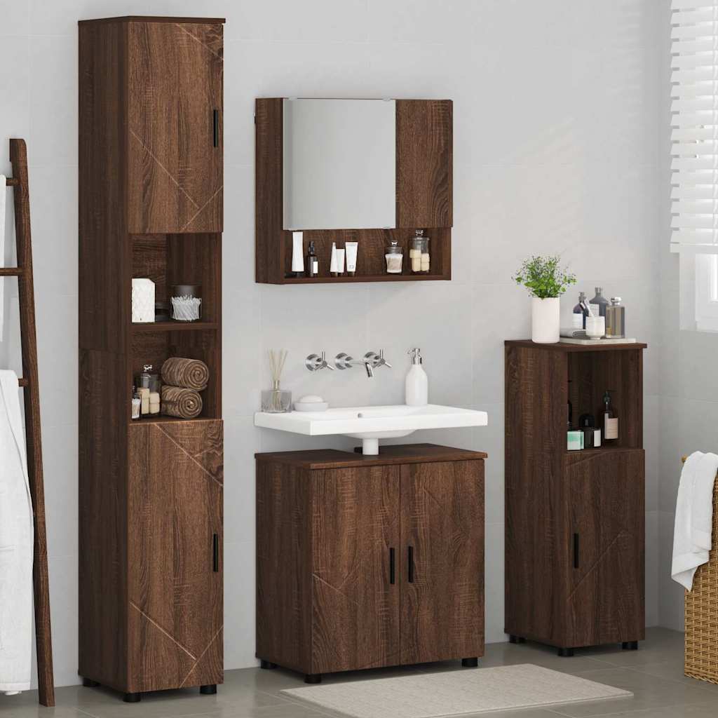 Baderomsinnredningssett med dør 4 pcs brun eik 61 x 35 x 64 cm