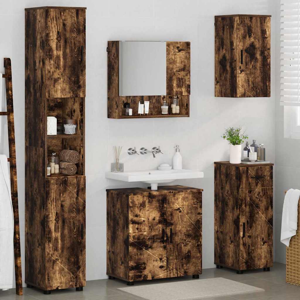 Baderomsinnredningssett med dør 5 pcs Røkt eik 61 x 35 x 64 cm