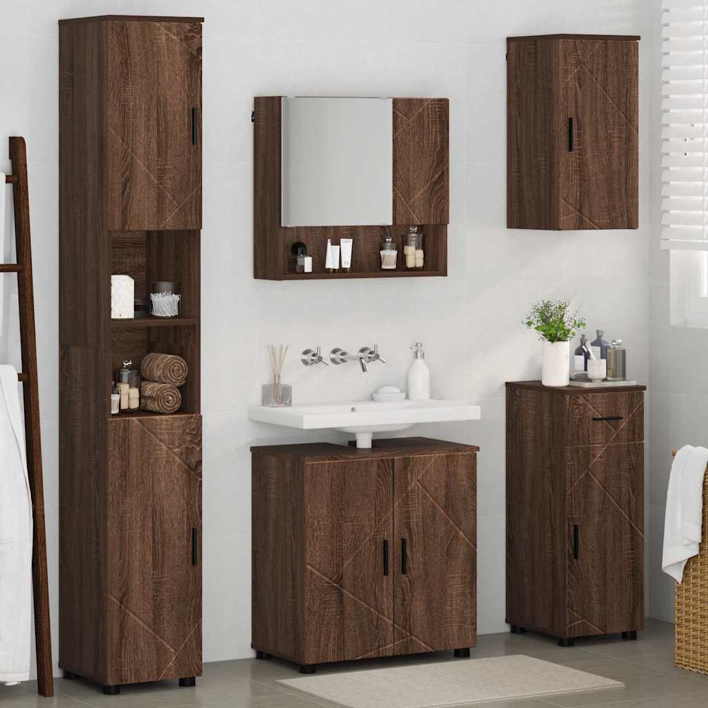 Baderomsinnredningssett med dør 5 pcs brun eik 61 x 35 x 64 cm