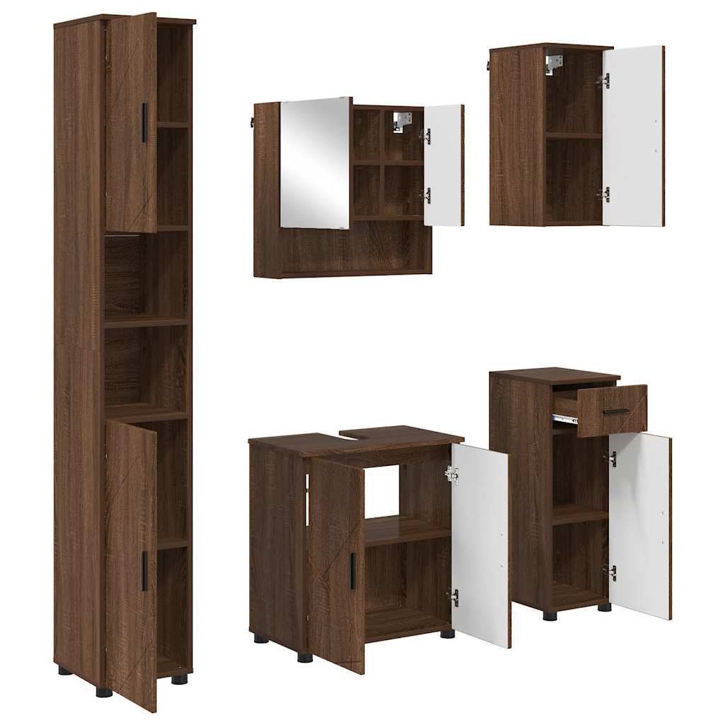 Baderomsinnredningssett med dør 5 pcs brun eik 61 x 35 x 64 cm