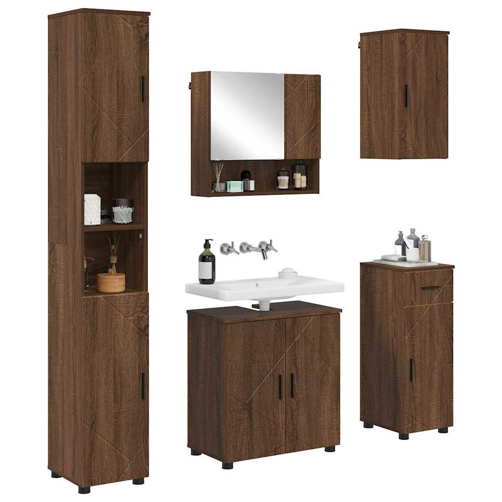 Baderomsinnredningssett med dør 5 pcs brun eik 61 x 35 x 64 cm