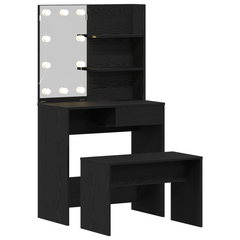sminkebordsett med LED i svart eik og konstruert tre, vidaXL LED sminkebord i svart eik - 74,5 x 40 x 141 cm, laget av konstruert tre, vidaXL sminkestol i svart eik 70 x 35 x 45 cm i konstruert tre