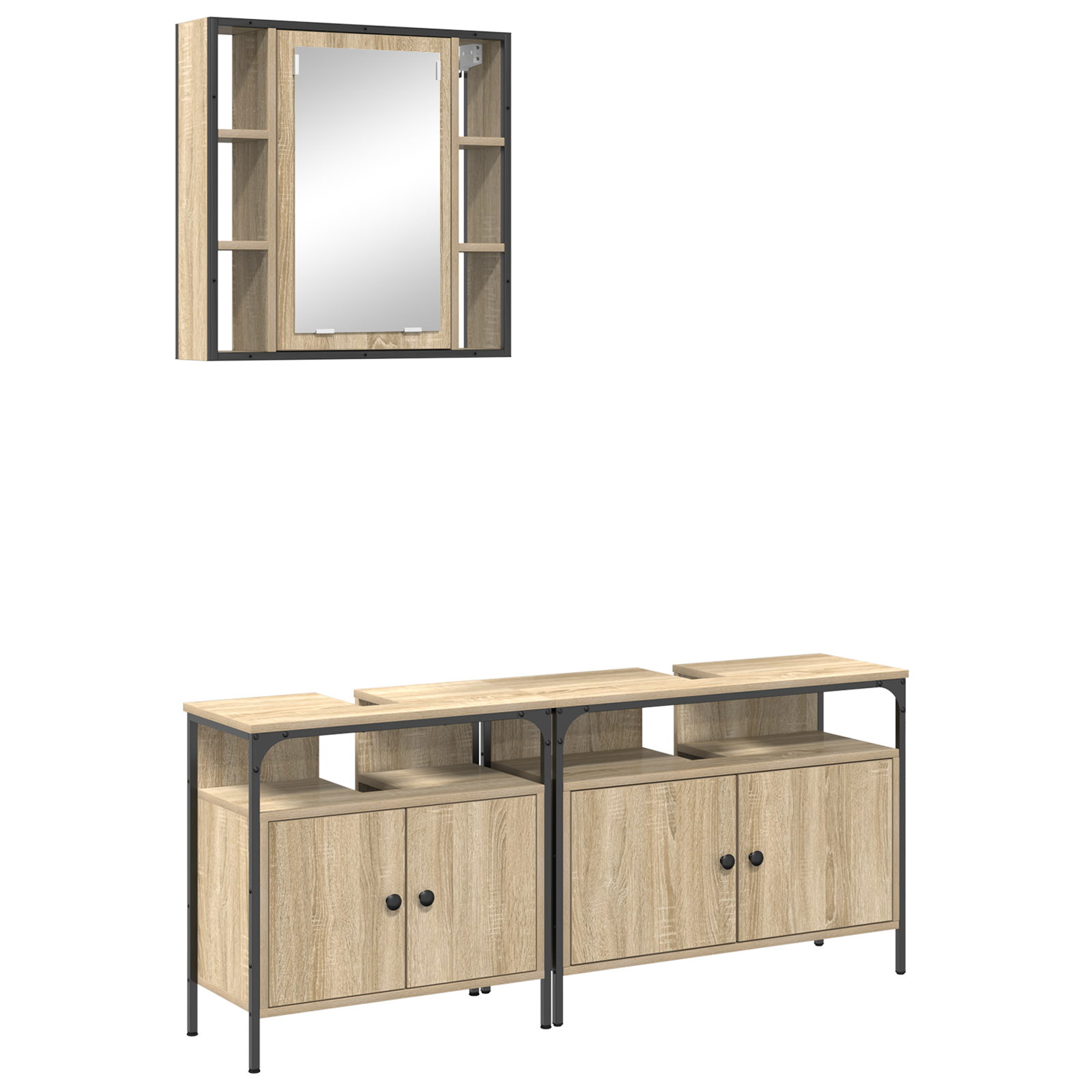 Baderomsskapsett med hylle Veggmontert med lagring med dør med speil 3 pcs Sonoma eik 80 x 30 x 60 cm