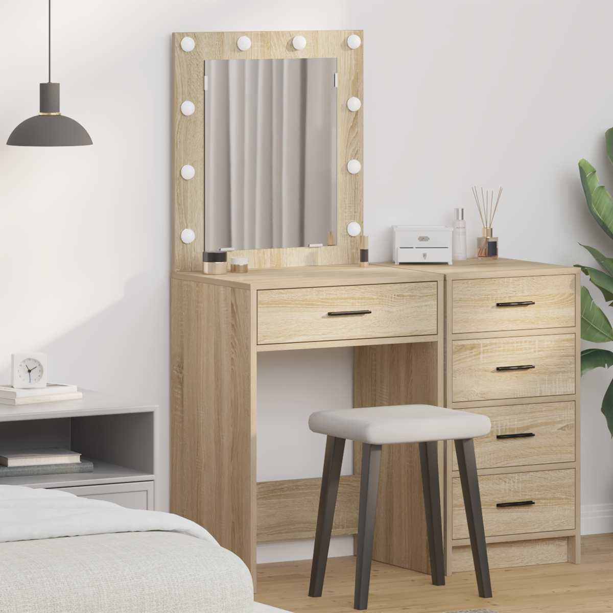 sminkebord med LED-lamper Sonoma eik 50x41x135 cm