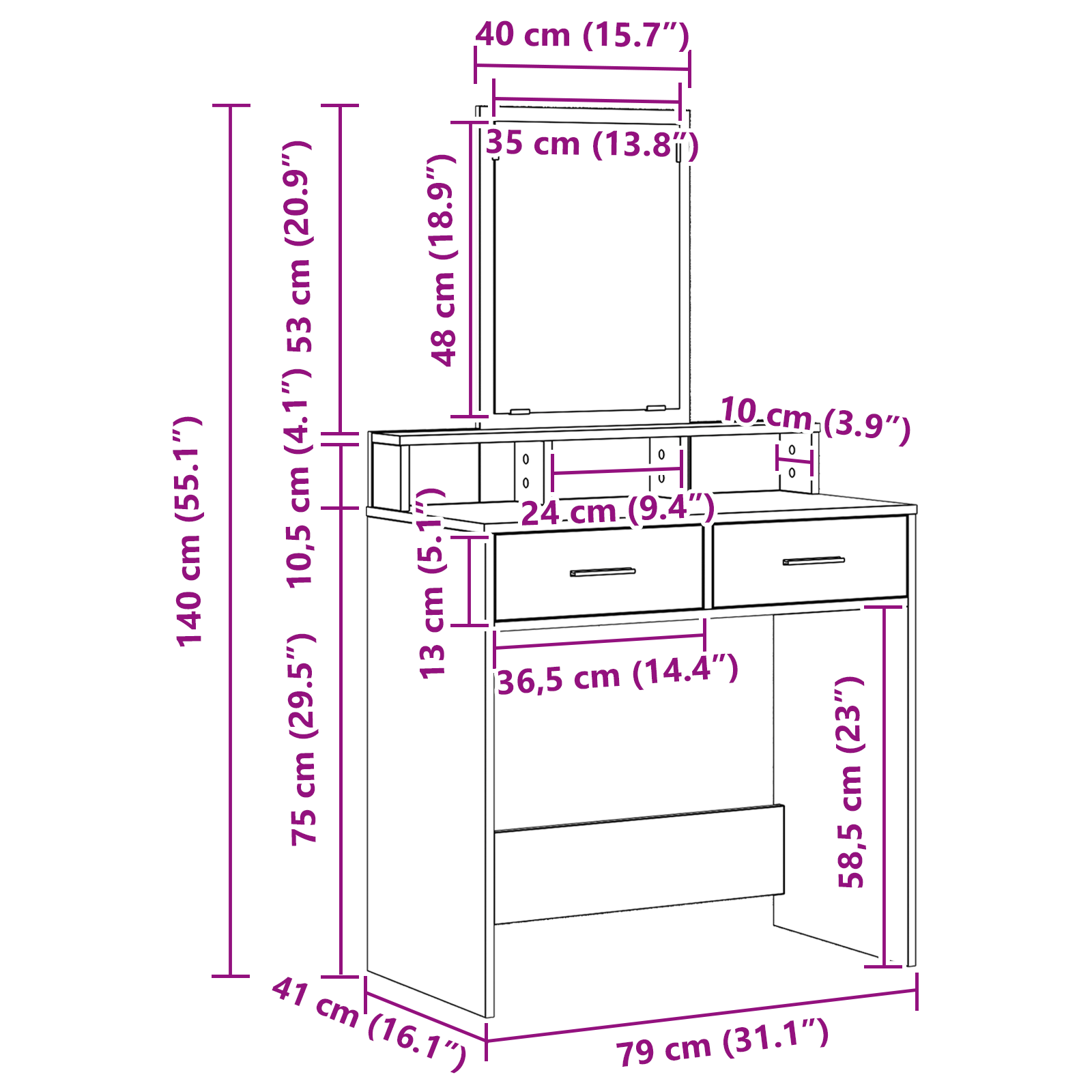 Sminkebord med skuffer - Brun Eik 79x41x140 cm