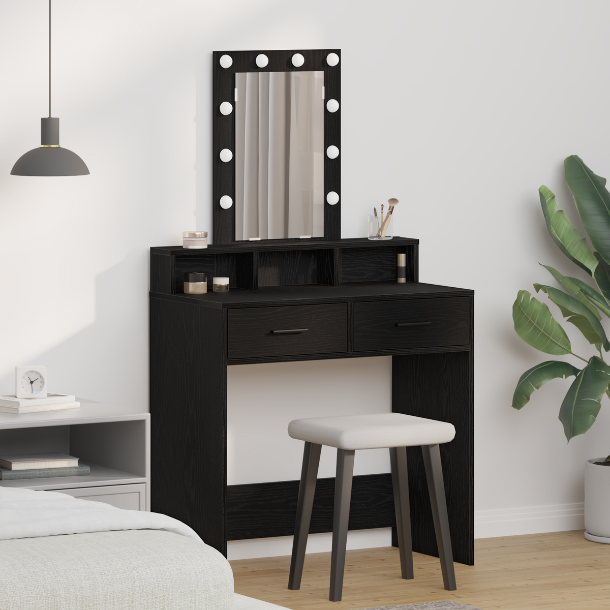 Sminkebord med LED Lys, Svart Eik, 79x41x140 cm