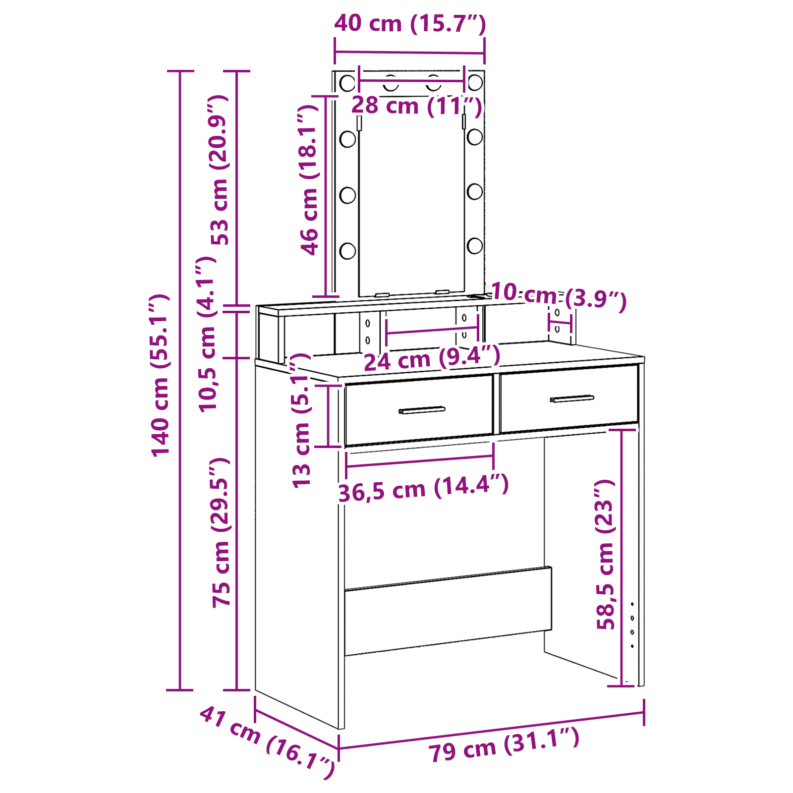Sminkebord med LED Lys, Svart Eik, 79x41x140 cm