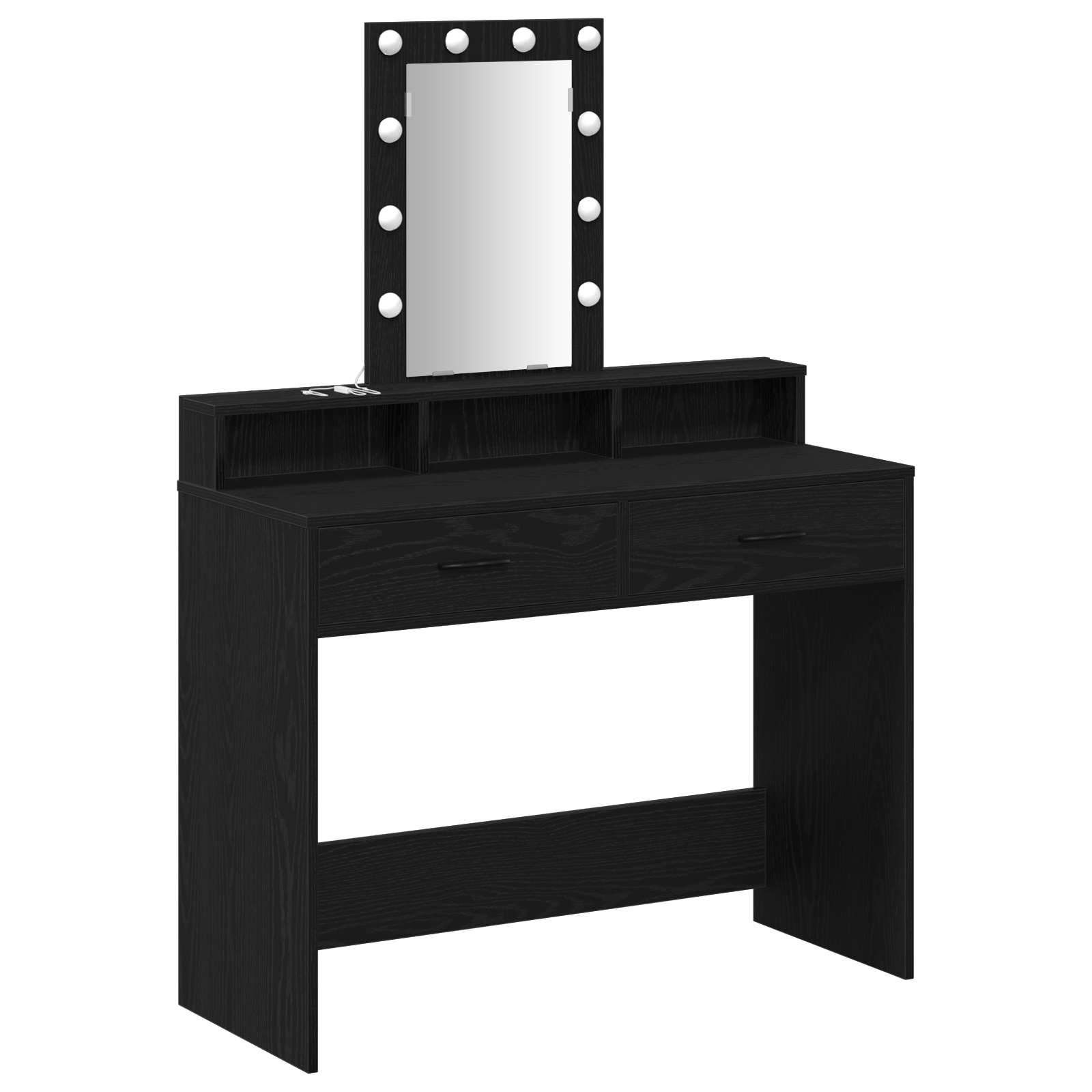Sminkebord med LED-lamper i svart eik, 100x41x140 cm